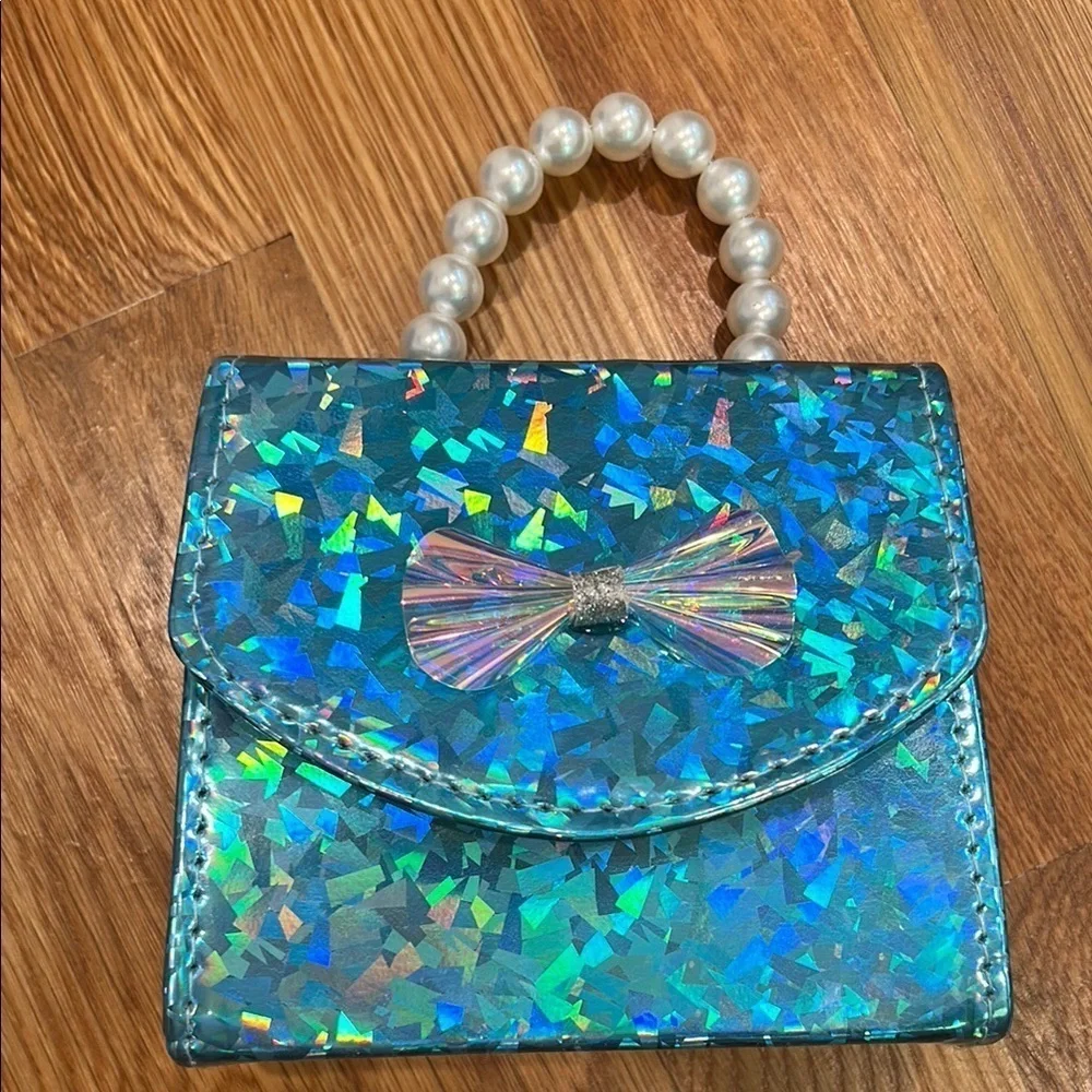 Girls Glittery Blue purse Nail Polish lip gloss hair brush mirror play make up